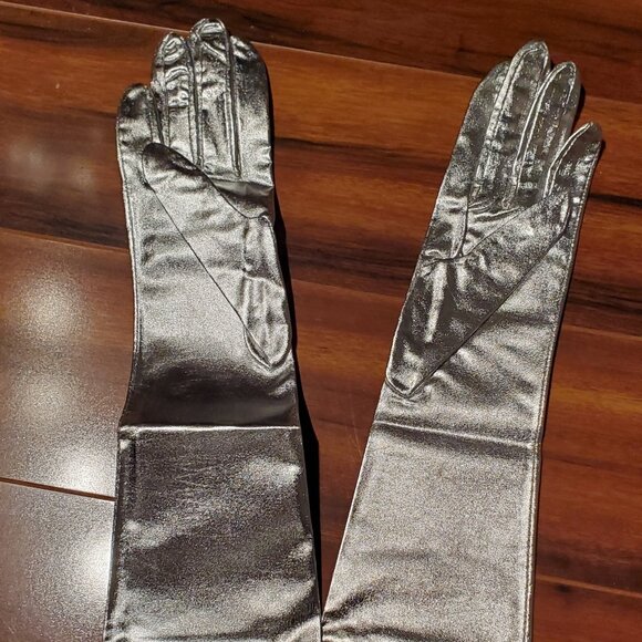 Womens Evening Bag Clutch Purse Silver Metallic + NWT Extra Long Silver Gloves - Picture 2 of 12